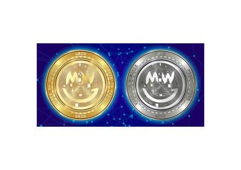 Golden and silver GRIN cryptocurrency coins on background of blockchain
