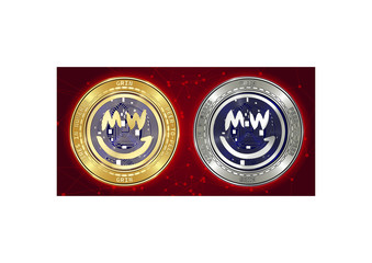 Golden and silver GRIN cryptocurrency coins on background of blockchain
