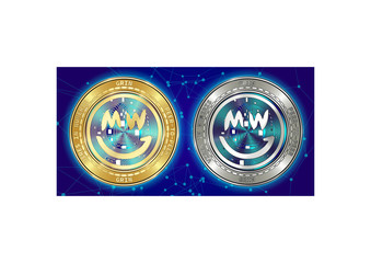 Golden and silver GRIN cryptocurrency coins on background of blockchain