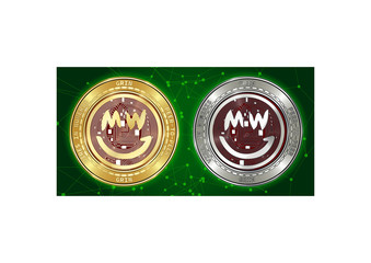 Golden and silver GRIN cryptocurrency coins on background of blockchain