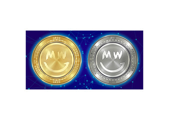 Golden and silver GRIN cryptocurrency coins on background of blockchain