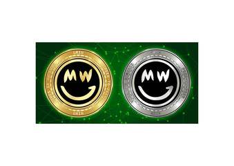 Golden and silver GRIN cryptocurrency coins on background of blockchain