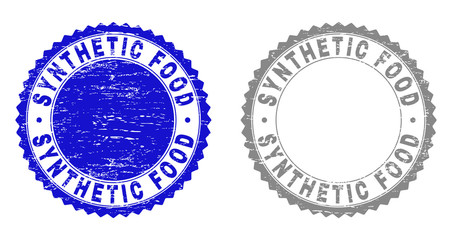 Obraz premium Grunge SYNTHETIC FOOD stamp seals isolated on a white background. Rosette seals with grunge texture in blue and grey colors. Vector rubber stamp imprint of SYNTHETIC FOOD text inside round rosette.