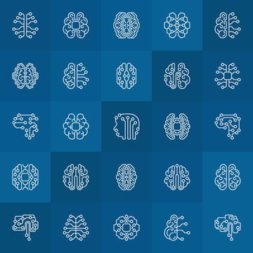 AI Smart Brain linear icons. Vector collection of Artificial Intelligence Digital Brain outline signs or design elements