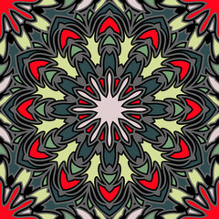 Seamless pattern floral ornament. Islamic textile print. Mandala vector design. Oriental background with boho pattern. Stained glass vitrage. Retro design.