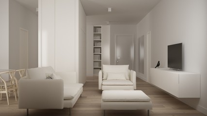 Minimalist small living room in one bedroom apartment, living room with sofa and pouf, tv rack, parquet floor, white interior design, clean architecture concept idea