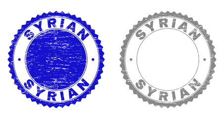 Grunge SYRIAN stamp seals isolated on a white background. Rosette seals with grunge texture in blue and grey colors. Vector rubber stamp imitation of SYRIAN title inside round rosette.