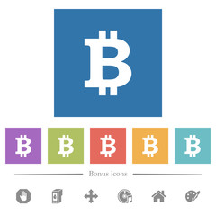 Bitcoin sign flat white icons in square backgrounds