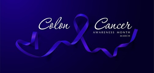 Colon Cancer Awareness Calligraphy Poster Design. Realistic Dark Blue Ribbon. March is Cancer Awareness Month. Vector