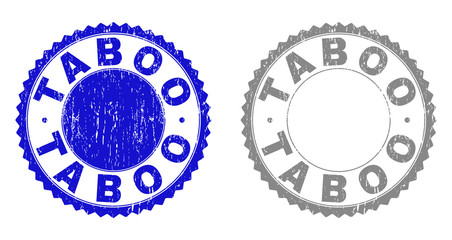 Grunge TABOO stamp seals isolated on a white background. Rosette seals with grunge texture in blue and grey colors. Vector rubber stamp imitation of TABOO title inside round rosette.