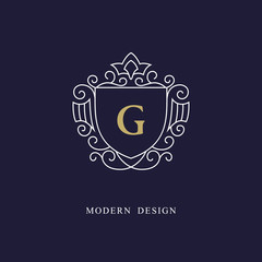 Capital letter G. Beautiful monogram. Elegant logo. Calligraphic design. Luxury emblem. Vintage ornament. Simple graphics style. Flourishes boutique brand. Creative Royal mark. Vector illustration