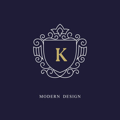 Capital letter K. Beautiful monogram. Elegant logo. Calligraphic design. Luxury emblem. Vintage ornament. Simple graphics style. Flourishes boutique brand. Creative Royal mark. Vector illustration