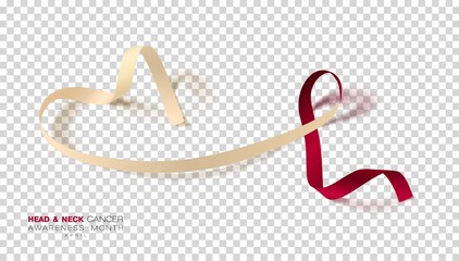 Head and Neck Cancer Awareness Month. Burgundy and Ivory Color Ribbon Isolated On Transparent Background. Vector Design Template For Poster.