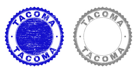 Grunge TACOMA stamp seals isolated on a white background. Rosette seals with grunge texture in blue and gray colors. Vector rubber stamp imitation of TACOMA caption inside round rosette.