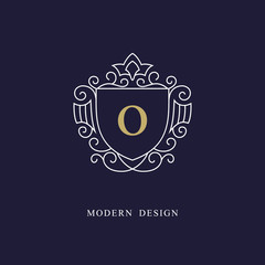 Capital letter O. Beautiful monogram. Elegant logo. Calligraphic design. Luxury emblem. Vintage ornament. Simple graphics style. Flourishes boutique brand. Creative Royal mark. Vector illustration
