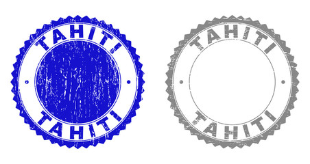 Grunge TAHITI stamp seals isolated on a white background. Rosette seals with distress texture in blue and gray colors. Vector rubber watermark of TAHITI label inside round rosette. - obrazy, fototapety, plakaty