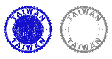 Grunge TAIWAN stamp seals isolated on a white background. Rosette seals with distress texture in blue and grey colors. Vector rubber stamp imprint of TAIWAN text inside round rosette.