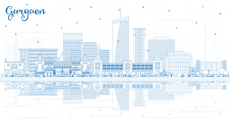 Obraz premium Outline Gurgaon India City Skyline with Blue Buildings and Reflections.