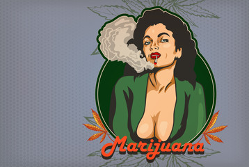 Beautiful lady smok marijuana. Cannabis leafs on the backgound of label. Vintage comics style
