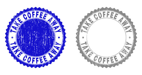 Grunge TAKE COFFEE AWAY stamp seals isolated on a white background. Rosette seals with grunge texture in blue and gray colors.