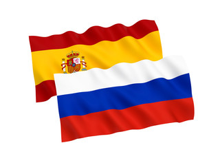 National fabric flags of Russia and Spain isolated on white background. 3d rendering illustration. 1 to 2 proportion.