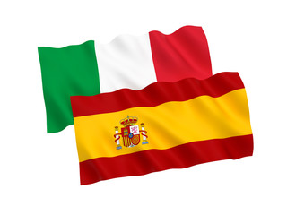 National fabric flags of Italy and Spain isolated on white background. 3d rendering illustration. 1 to 2 proportion.