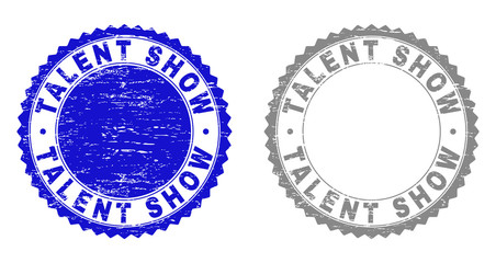 Grunge TALENT SHOW stamp seals isolated on a white background. Rosette seals with grunge texture in blue and gray colors. Vector rubber stamp imprint of TALENT SHOW caption inside round rosette.