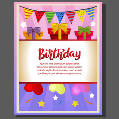 birthday party poster with gift box and flag