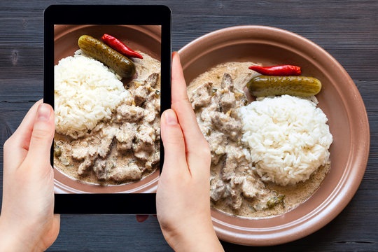 portion of Beef Stroganoff on dark table