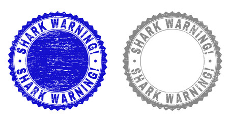Grunge SHARK WARNING! stamp seals isolated on a white background. Rosette seals with grunge texture in blue and grey colors. Vector rubber overlay of SHARK WARNING! label inside round rosette.