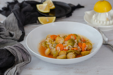 Brussels sprouts with olive oil, carrots and rice