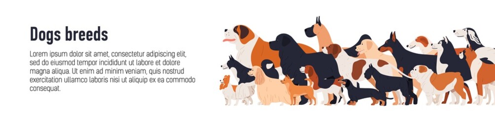 Horizontal web banner template for conformation dog show with adorable doggies of different breeds and place for text. Colorful vector illustration in flat cartoon style for event announcement. © Good Studio