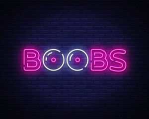 Boobs neon text vector design template. Boobs neon logo, sex shop, light banner design element colorful modern design trend, night bright advertising. Vector illustration