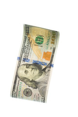 flying banknote of hundred dollars isolated on white.