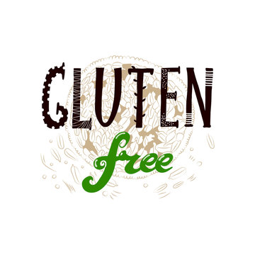 Vector hand drawn sketchy Gluten Free sign augmented with stylized handful of wheat seeds. Design element, printed goods, health and nutrition image.