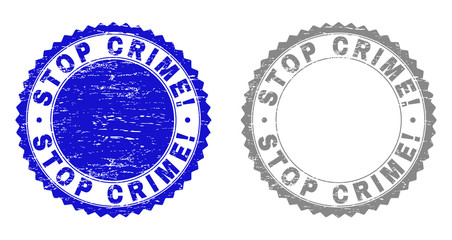 Grunge STOP CRIME! stamp seals isolated on a white background. Rosette seals with grunge texture in blue and grey colors. Vector rubber stamp imprint of STOP CRIME! title inside round rosette.