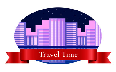 landscape in the frame, a graphic design element for creation of the label. Labels with the image of city, lights, river, lack, reflection, stars. Perfect for sticker, label, emblem and logo.