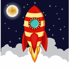 Rocket goes up in the sky with moon stars,Planets and night sky with rocket goes up representing rise of business