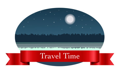 landscape in the frame, a graphic design element. Labels with the image of tree, grass, river, moon, forest, lake, reflection. Perfect for sticker, label, emblem and logo.