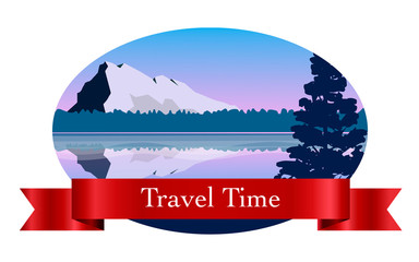 landscape in the frame, a graphic design element for creation of the label. Labels with the image of tree, grass, mountain, forest, hills, pine. Perfect for sticker, label, emblem and logo.