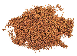 Heap of instant coffee isolated on white background, top view.
