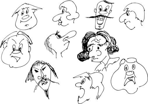 Cartoon faces on white background - sketch illustration. Hand drawn images