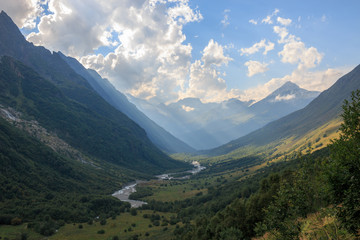 Closeup view mountains scenes in national park Dombai, Caucasus, Russia, Europe