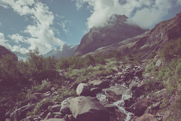 Closeup view mountains scenes in national park Dombai, Caucasus, Russia, Europe