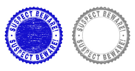 Grunge SUSPECT BEWARE! stamp seals isolated on a white background. Rosette seals with distress texture in blue and gray colors.