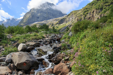 Closeup view mountains scenes in national park Dombai, Caucasus, Russia, Europe