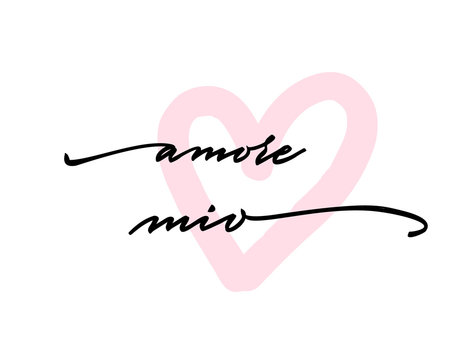 Amore mio Happy Valentine's Day Hand Lettering - Typographical Background Set with ornaments, hearts, ribbon, angel and arrow