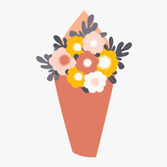 Bouquet of spring flowers wrapped in paper