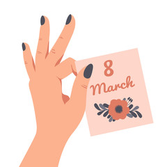Female hand playfully holds a greeting card for International Women's day 8 March with two fingers. Vector illustration isolated on white background