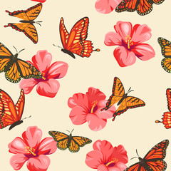 Butterflies and tropical flowers. Seamless pattern